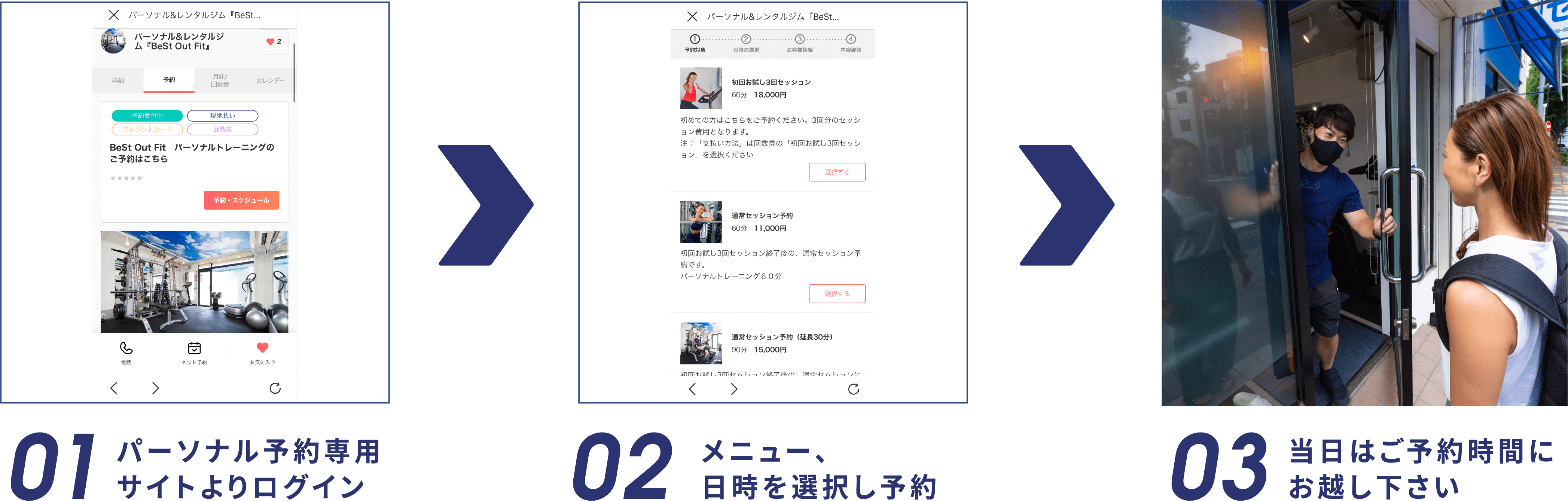 01パーソナル予約専用サイトよりログイン 02メニュー、日時を選択し予約 03当日はご予約時間にお越し下さい