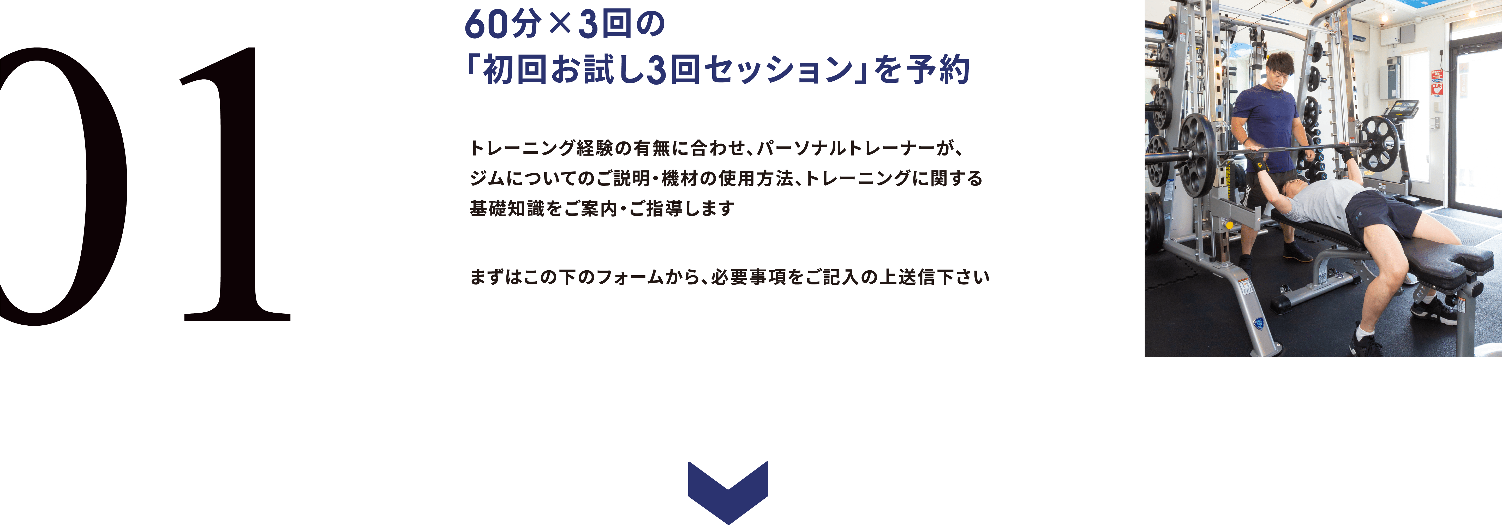 01. 60分×3回の「初回お試し3回セッション」を予約 トレーニング経験の有無に合わせ、パーソナルトレーナーが、ジムについてのご説明・機材伸しよう方法、トレーニングに関する基礎知識をご案内・ご指導します まずはこの下のフォームから、必要事項をご記入の上送信下さい