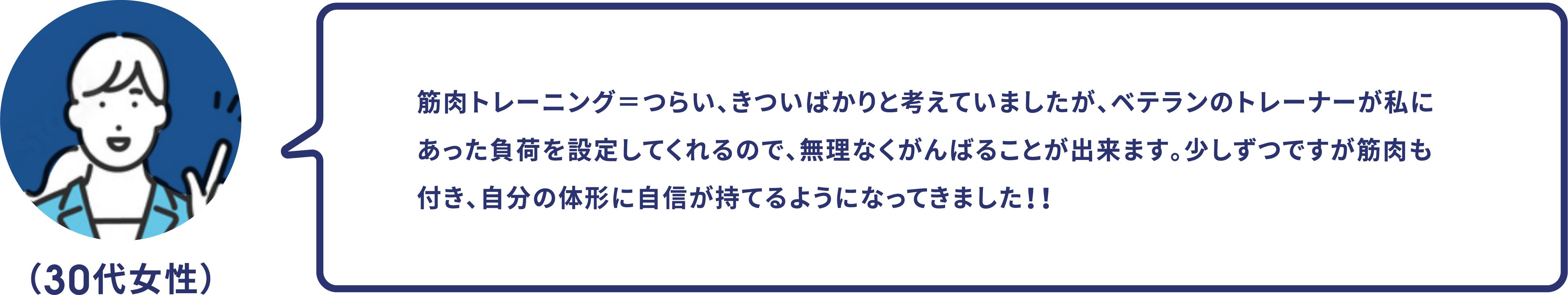 （30代女性）筋肉トレーニング＝つらい、きついばかりと考えていましたが、ベテランのトレーナーが私にあった負荷を設定してくれるので、無理なくがんばることが出来ます。少しずつですが筋肉も付き、自分の体形に自信が持てるようになってきました！！